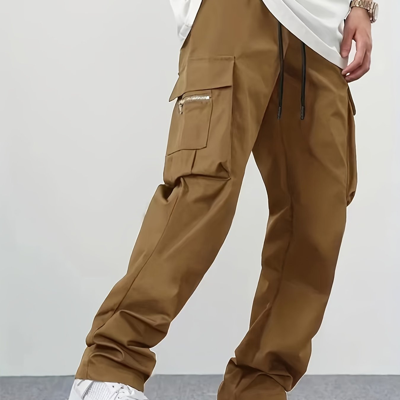 Trendy Solid Cargo Pants, Men's Multi Flap Pocket Drawstring Trousers, Loose Casual Outdoor Pants, Men's Work Pants Outdoors Streetwear Hip Hop Style