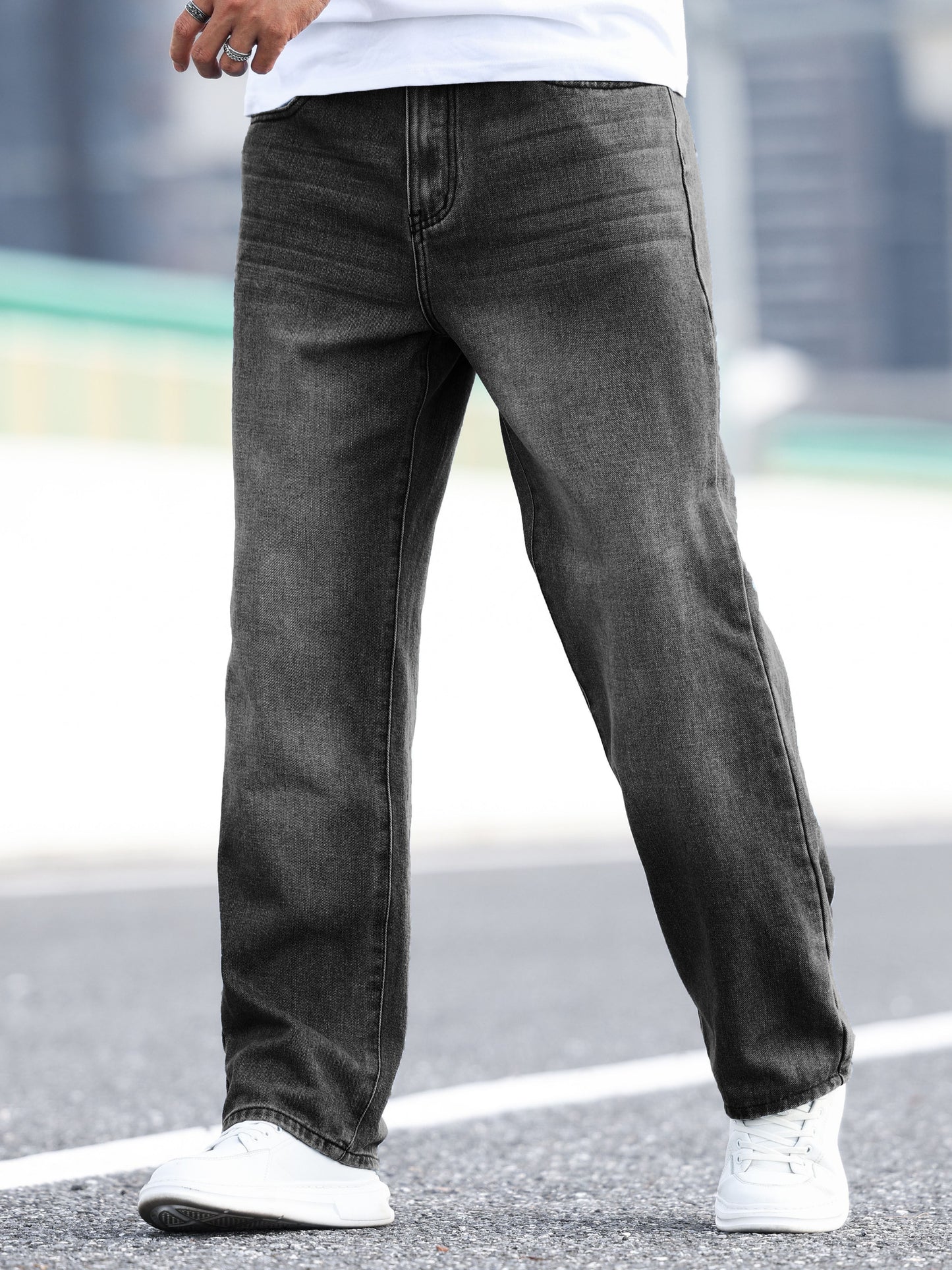 Classic Design Distressed Jeans, Men's Casual Drawstring Regular Fit Denim Pants For All Seasons