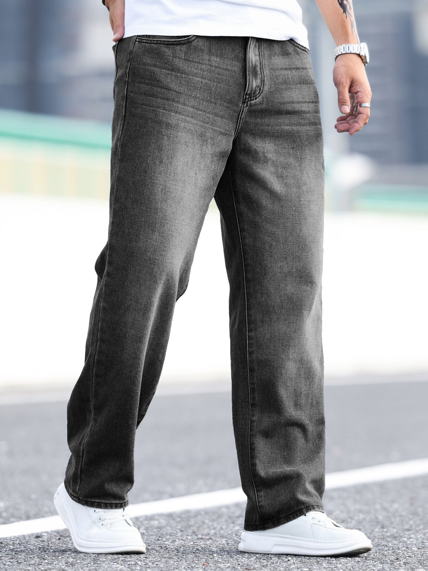 Classic Design Distressed Jeans, Men's Casual Drawstring Regular Fit Denim Pants For All Seasons